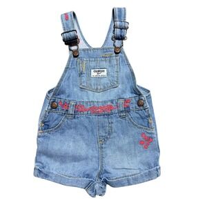 OshKosh B'gosh Shortall Girls 9M Blue Denim Floral Embroidered Baby Overalls